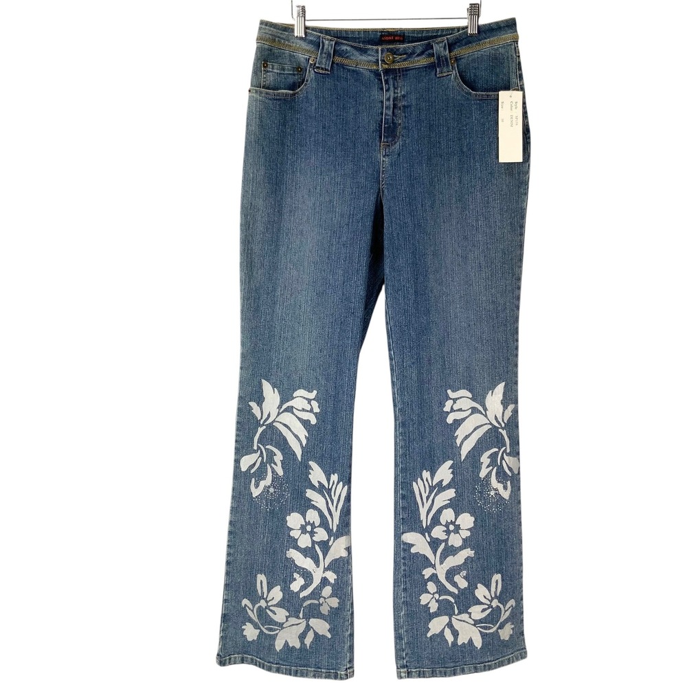 Andre Bini Blue Denim Jeans 10 Zip Fly Mid Rise Straight Floral Graphic Sparkle